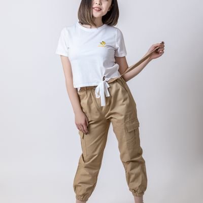 White Tee & Beige Cargo Trousers